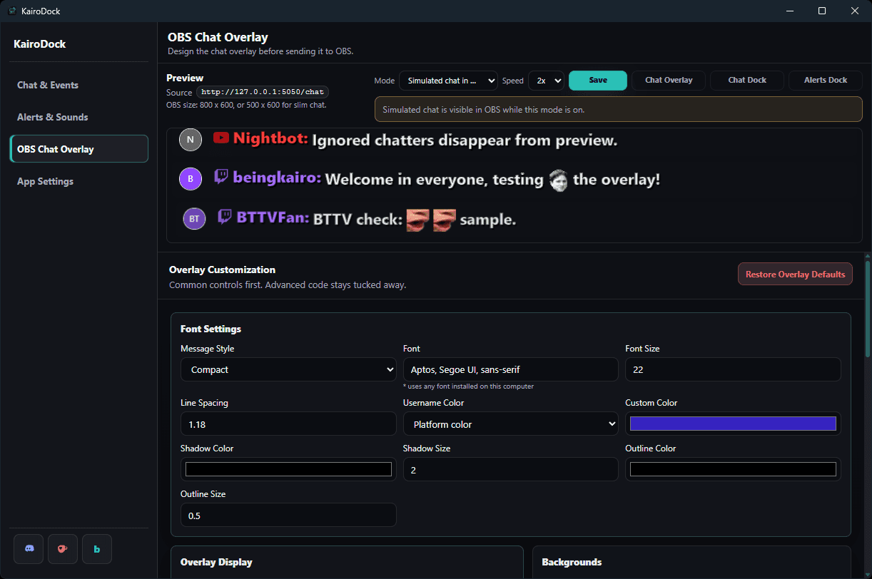 KairoDock hosted OBS chat overlay screenshot