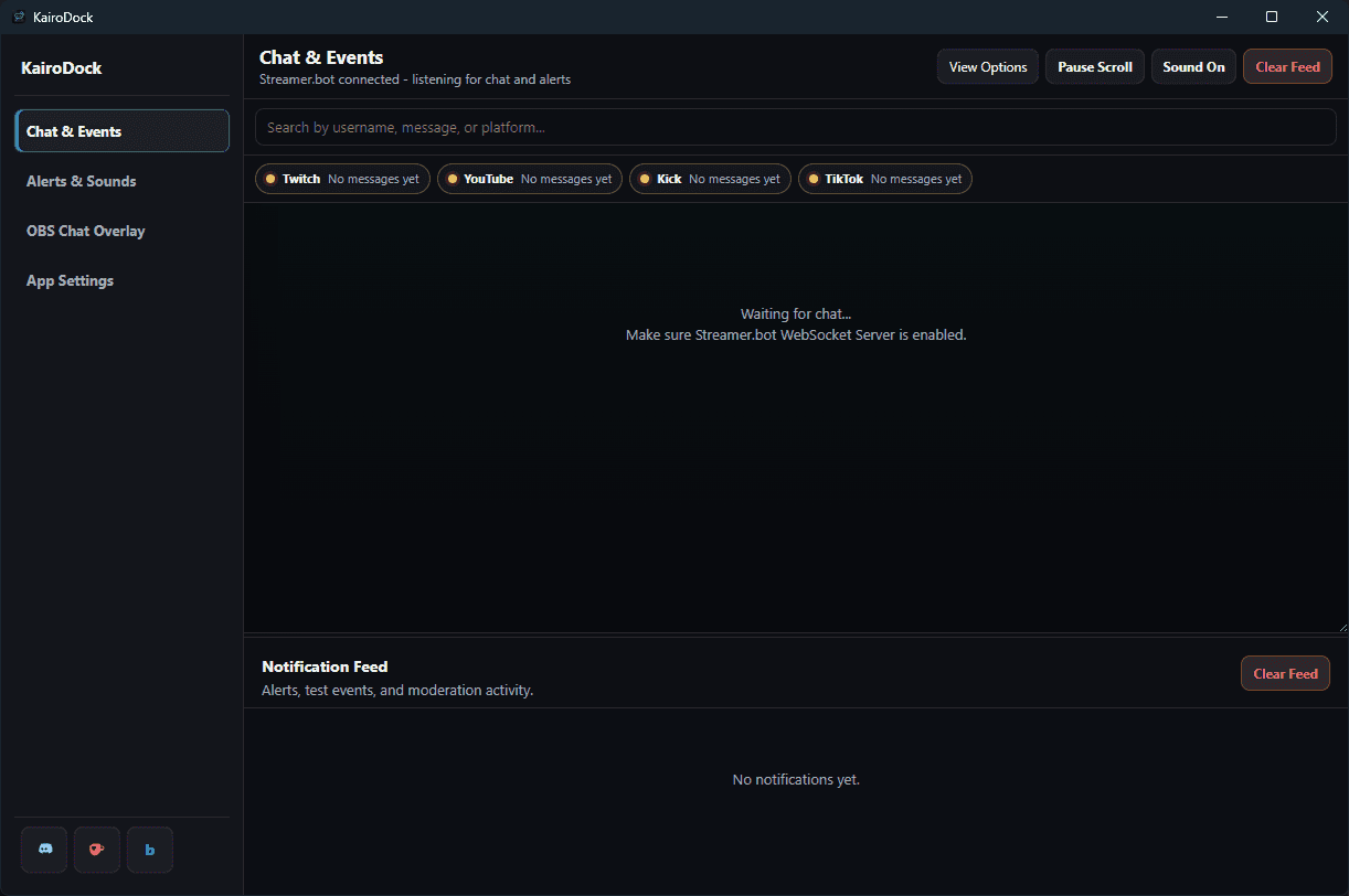 KairoDock desktop app showing multistream chat and controls